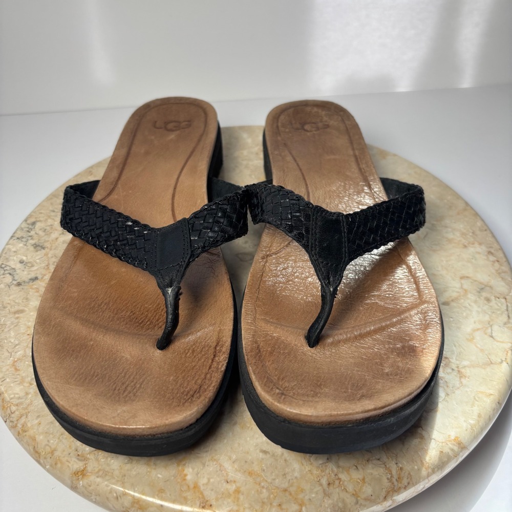 UGG Woven Leather Flip Flop Sandals 9 Black Braided Thong Comfort‎